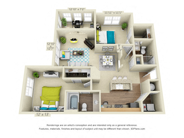 Floor plan for 2 beds, 2 baths, 1153 sqft